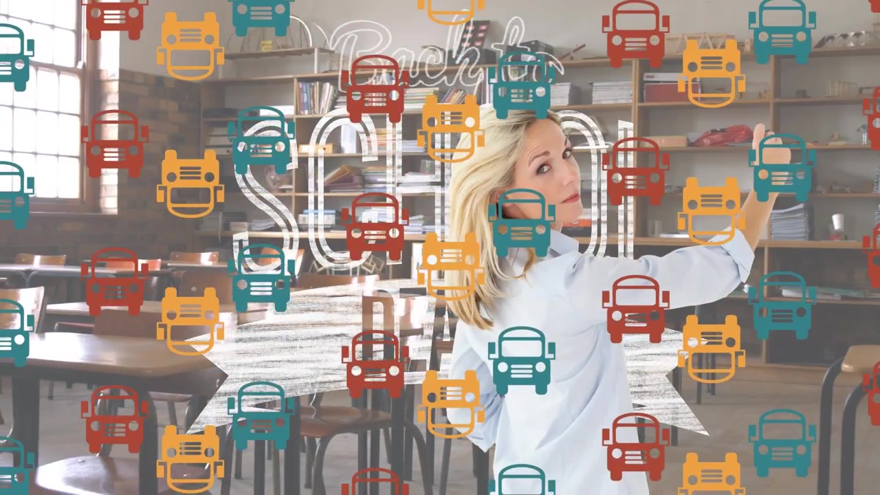 Animation of school buses floating over caucasian female teacher and classroom