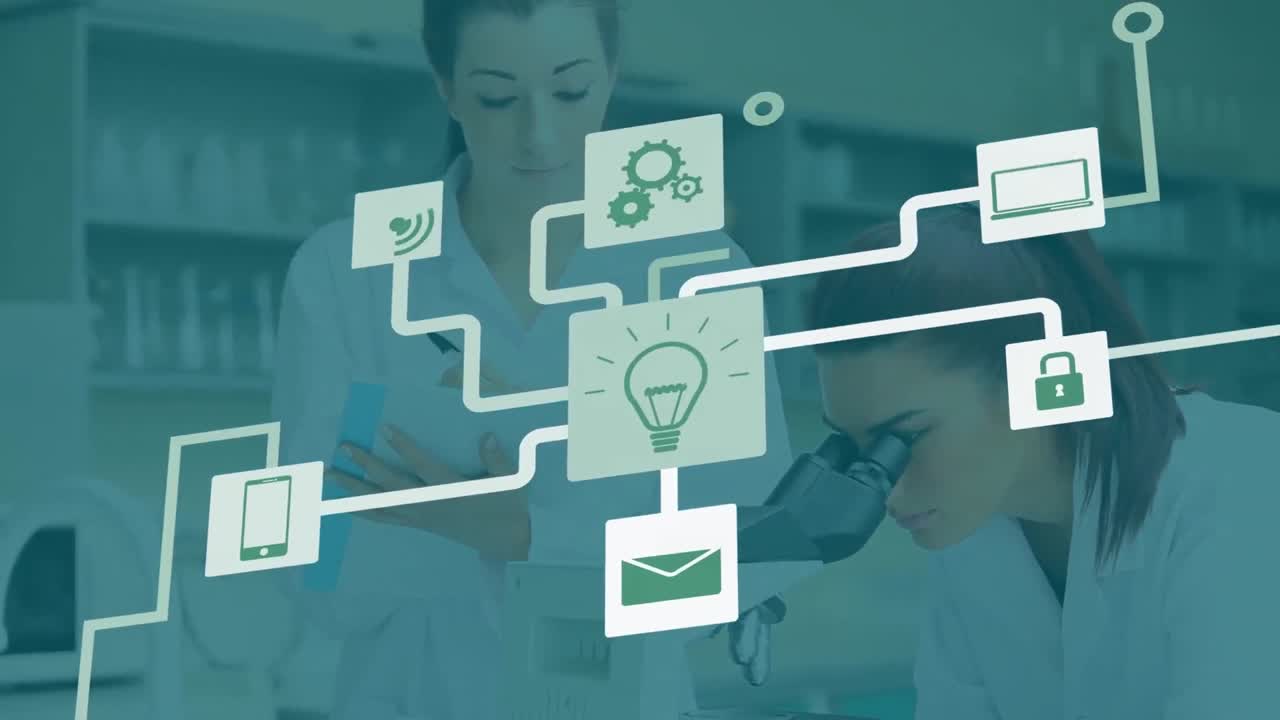 animación de iconos tecnológicos sobre trabajadoras de laboratorio caucásicas