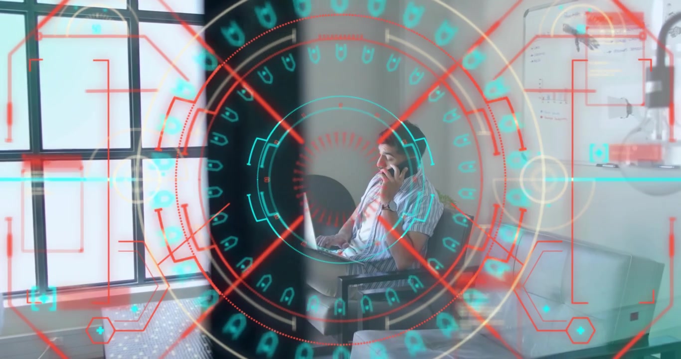 Man holding smartphone and typing laptop, summoning rotating HUD overlay scanning fingerprint tech