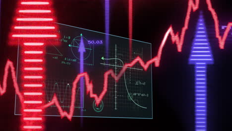 financial data and mathematical graphs animation over fluctuating red line chart