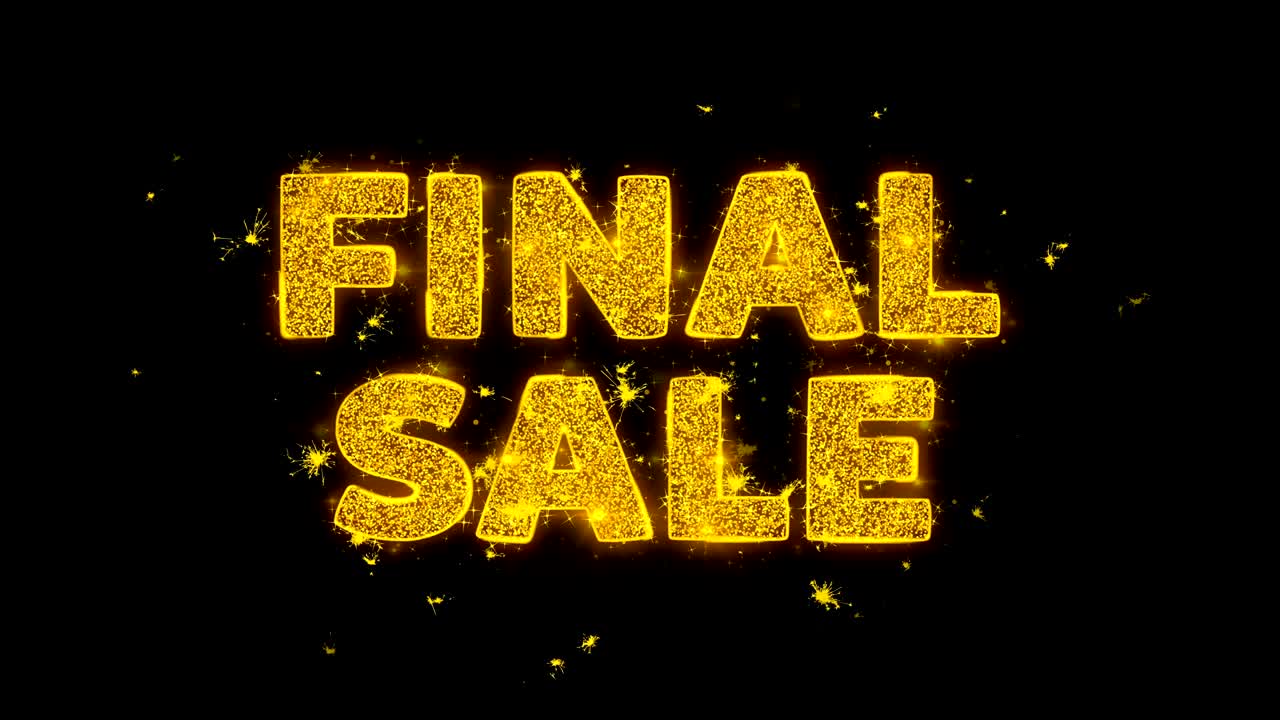 el texto final de venta hace chispas en el fondo negro.