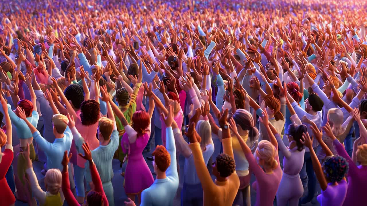 A Vibrant Sea of Enthusiastic Hands Raised in Unity and Celebration at a Massive Gathering, Signifying Shared Joy and Collective Energy in a Dynamic Animated Atmosphere
