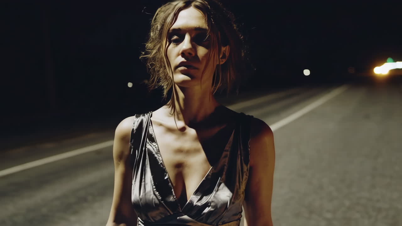 Woman Walking on a Night Road