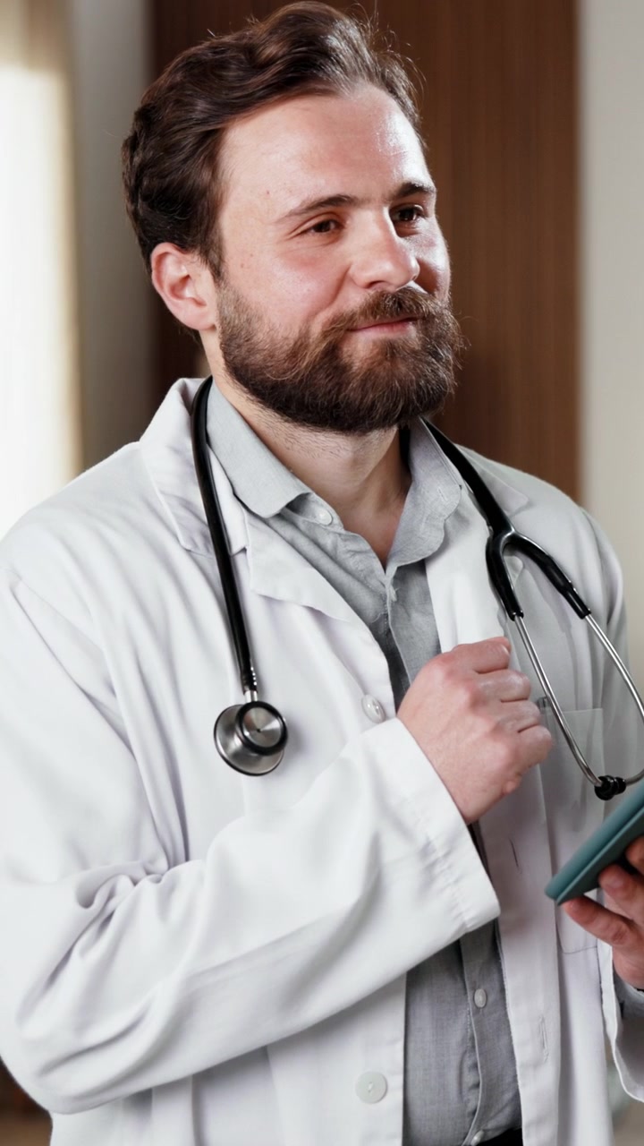 Mandlig læge bruger digital tablet på hospital.
