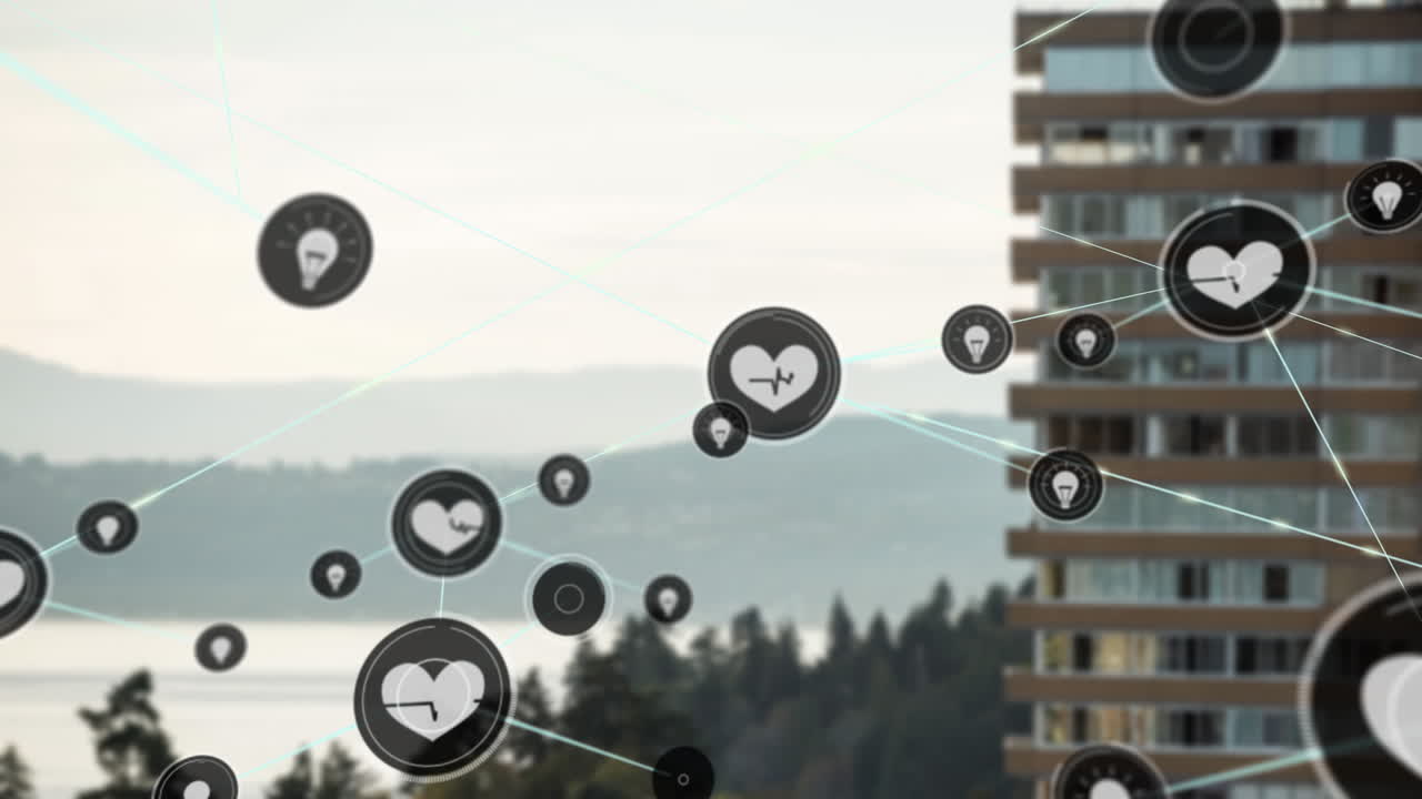 높은 건물, 바다 및 산과 함께 풍경에 대한 디지털 아이콘 네트워크의 애니메이션