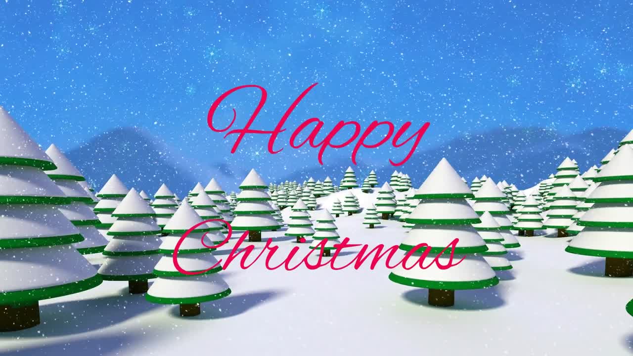 애니메이션은 겨울 풍경에서 소나무 위에 눈이 떨어지는 것을 보여줍니다.