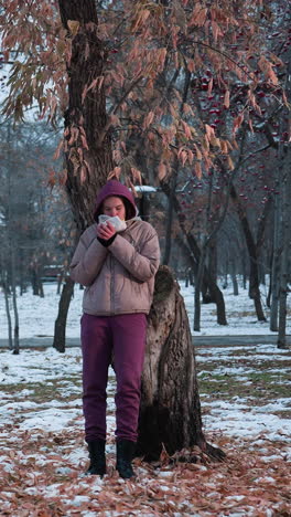 mujer descansando contra un árbol comiendo algo en un parque al aire libre durante el invierno, suelo nevado, con chaqueta de invierno y capucha, disfrutando de una comida, entorno de parque de invierno, relajación en clima frío