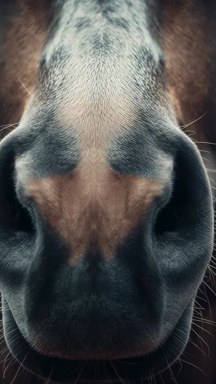 Vertical video: Breathing horse muzzle making small breaths in stall, nostrils and whiskers moving