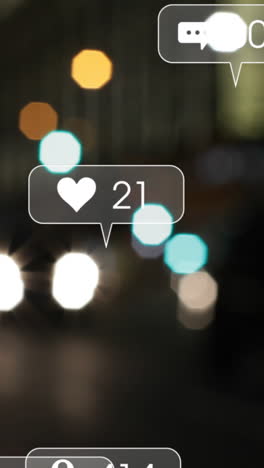 animación de iconos y números de redes sociales fuera de enfoque de la ciudad y los semáforos