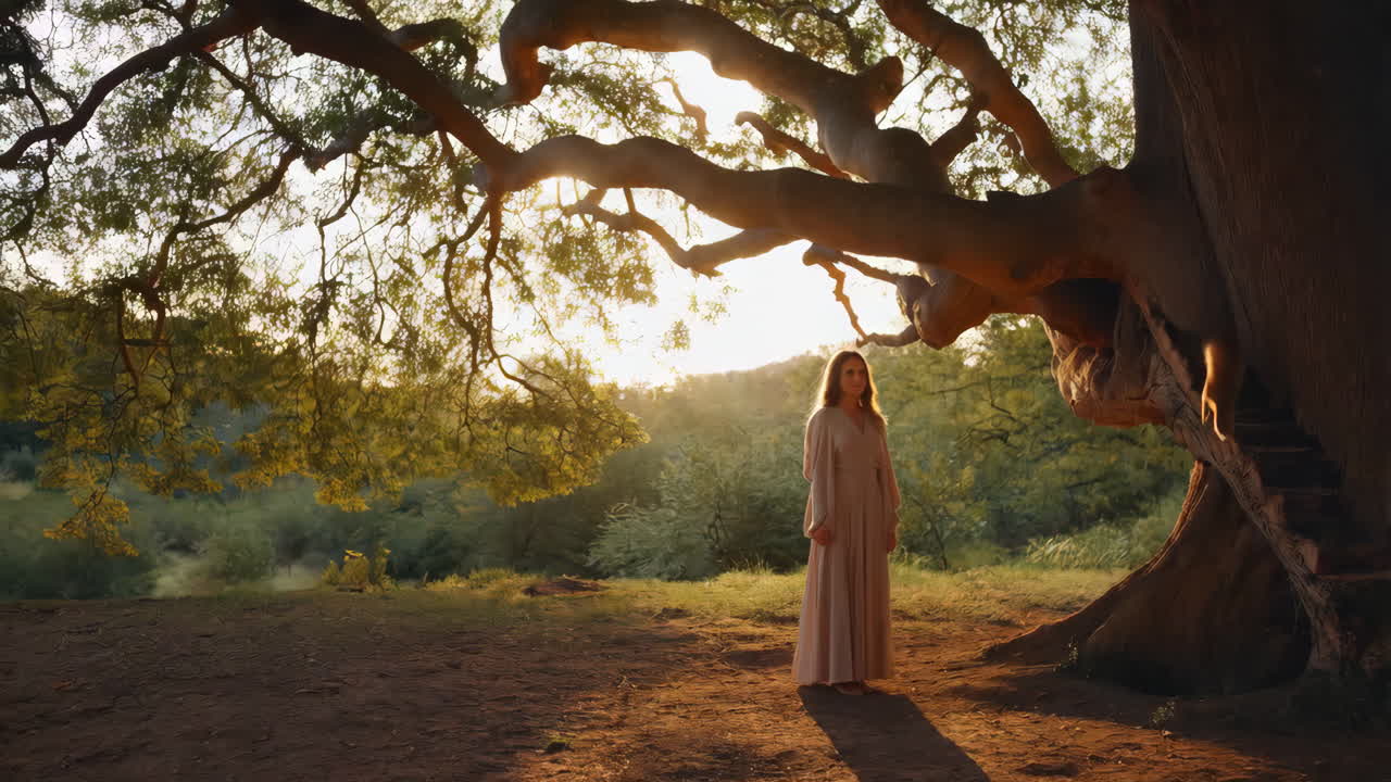 Woman Under a Majestic Tree at Sunset