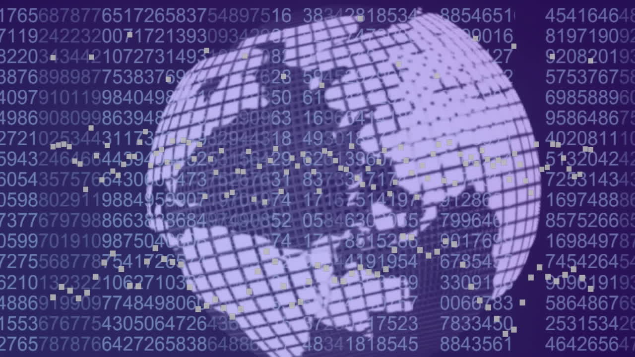 Digital globe with numbers and data processing animation over blue background