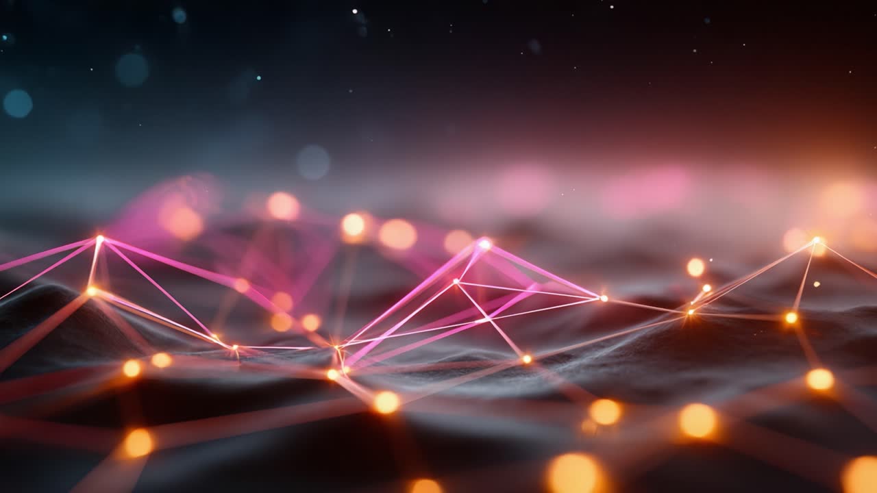 Una visualizzazione sorprendente di geometria e luce interconnesse: una rappresentazione astratta di reti di dati in movimento con colori e forme vivaci