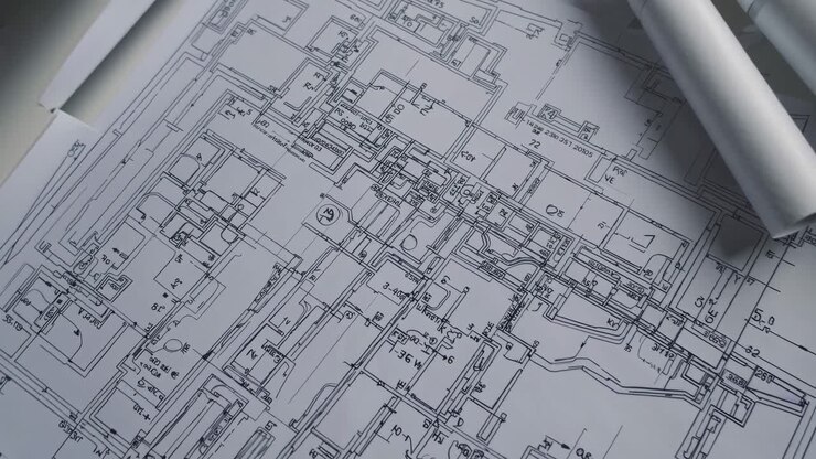 Close-up View of Architectural Blueprints and Rolled Plans