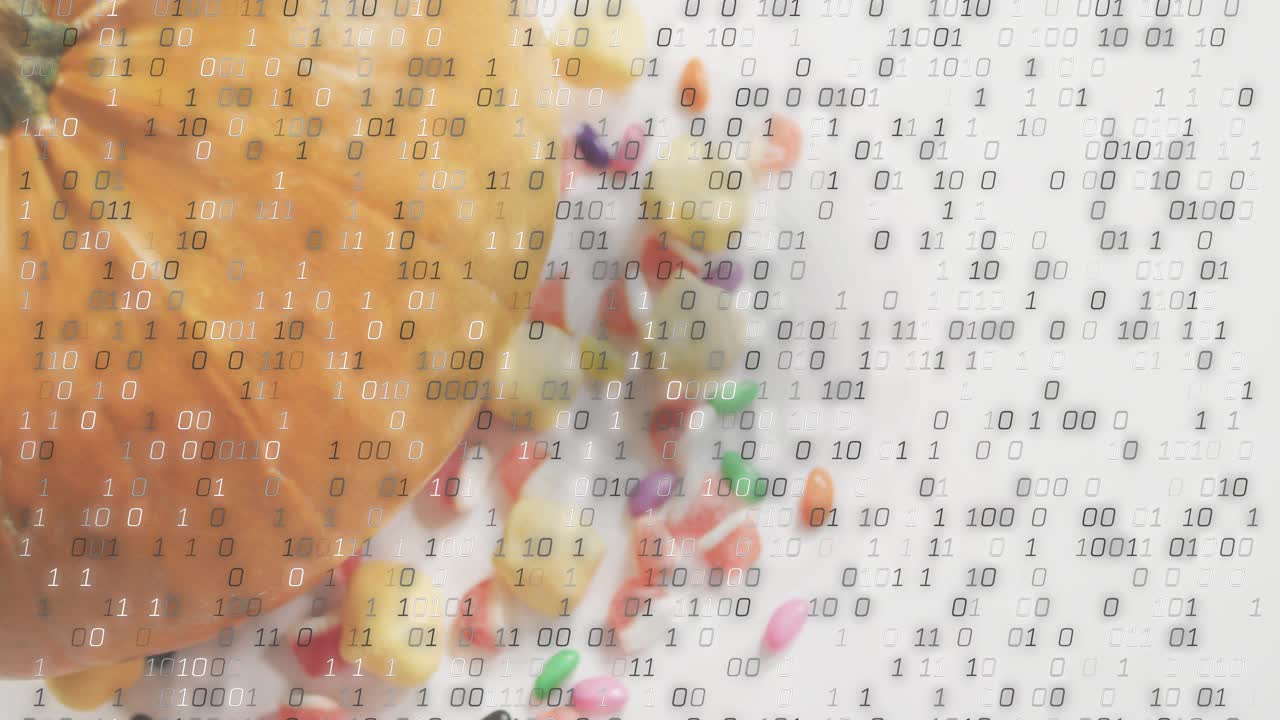 Binary digits drifting down over pumpkin and candies, starting at second frame for digital overlay