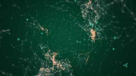 Verbindungspunkte-In-Grün-Und-Orange,-Die-Sich-Auf-Dunkelgrünem-Hintergrund-Bewegen