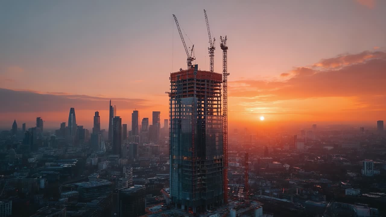 Stunning Sunset Over Urban Construction: Capturing the Majesty of a Towering Skyscraper Against a Vibrant Sky During Golden Hour in a Thriving Cityscape