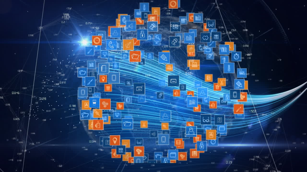 red de iconos digitales sobre un globo giratorio contra rastros de luz en fondo azul