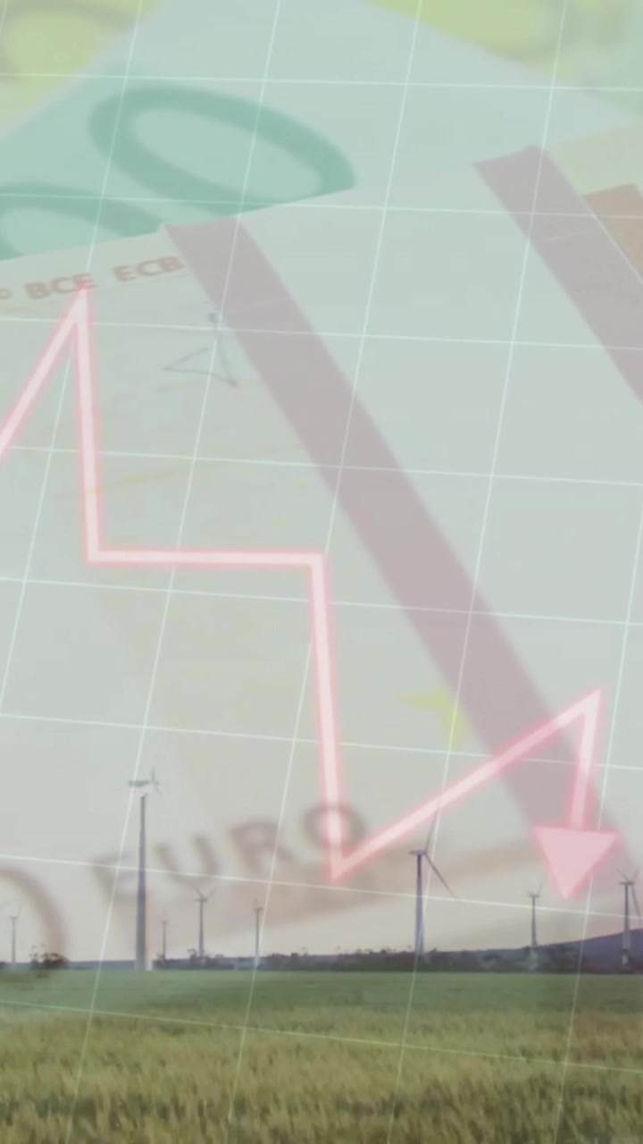 Animación de procesamiento de datos financieros sobre moneda euro y turbinas eólicas