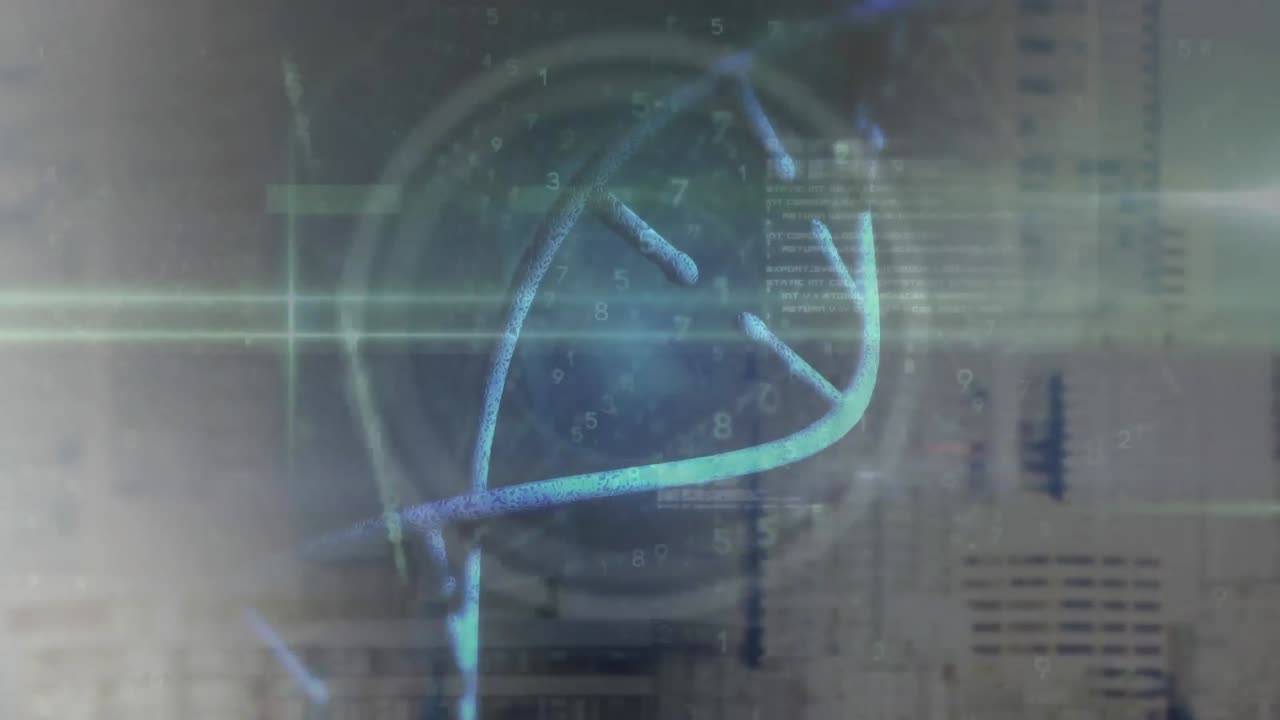 animación de la cadena de adn y procesamiento de datos sobre el paisaje urbano