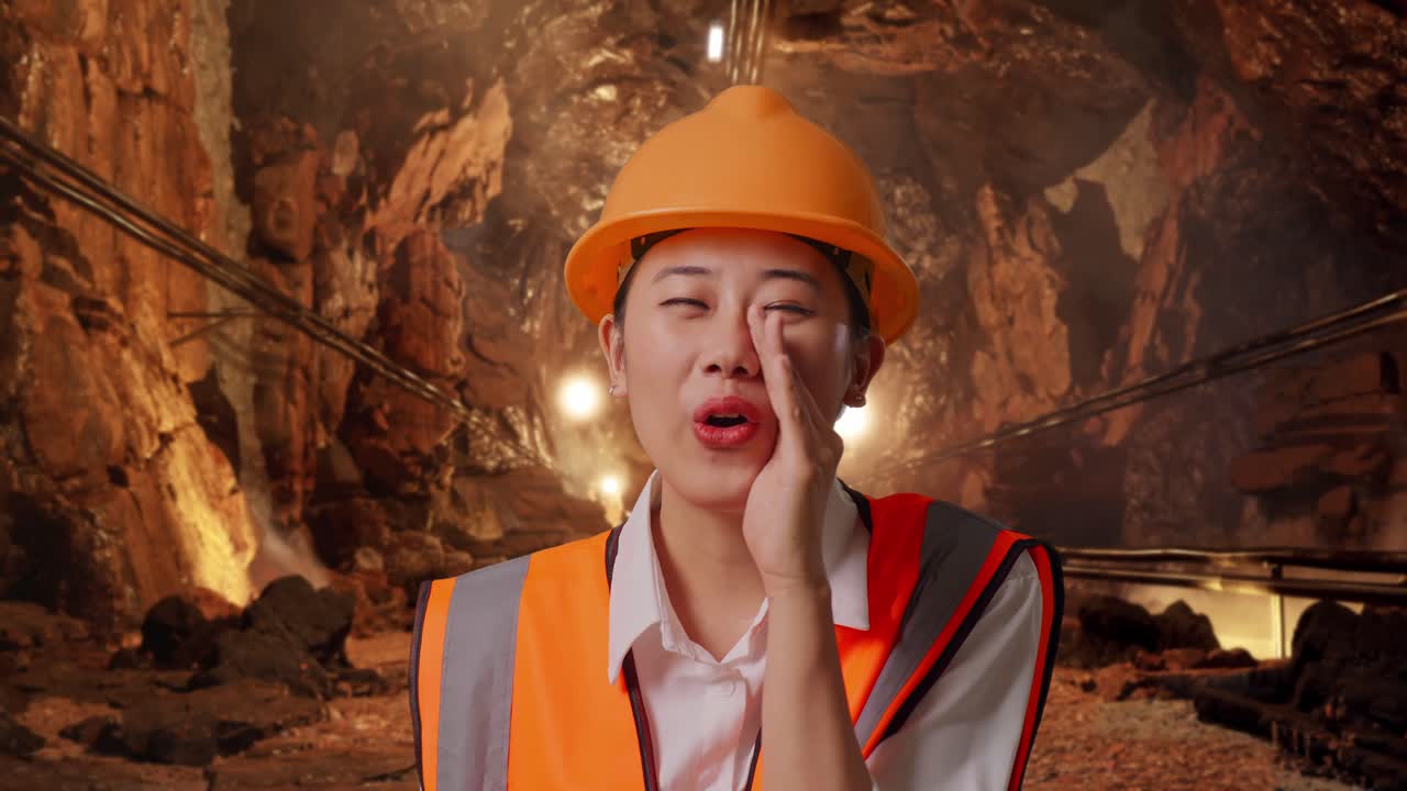 Close Up Of Asian Female Engineer With Safety Helmet Yelling With Hand Over Mouth In Underground Mine Tunnel