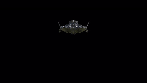 Giant-spaceship-flying-straight-distancing-from-camera,-black-background-suitable-for-overlay-with-alpha-channel-matte-blending-option,-seamless-integration-into-various-sci-fi-concepts-and-scenes