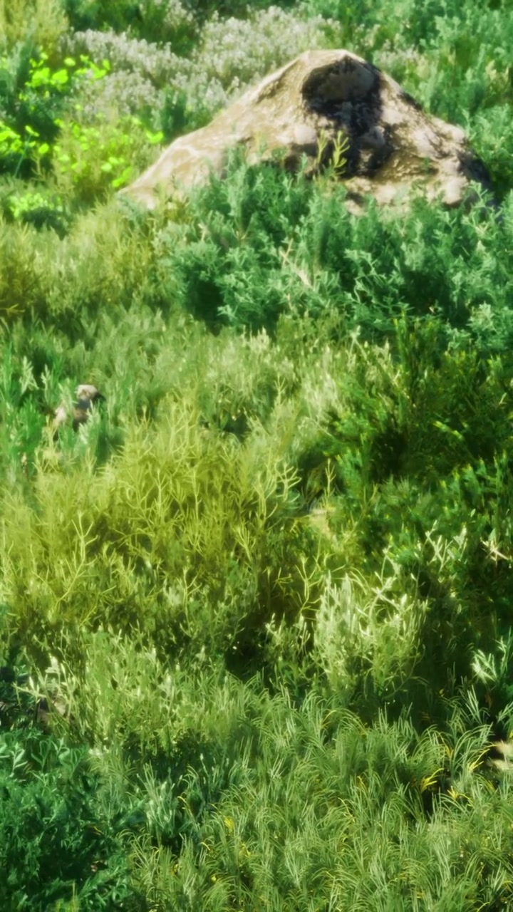 Paesaggio verde lussureggiante con rocce e varie piante durante una giornata di sole.