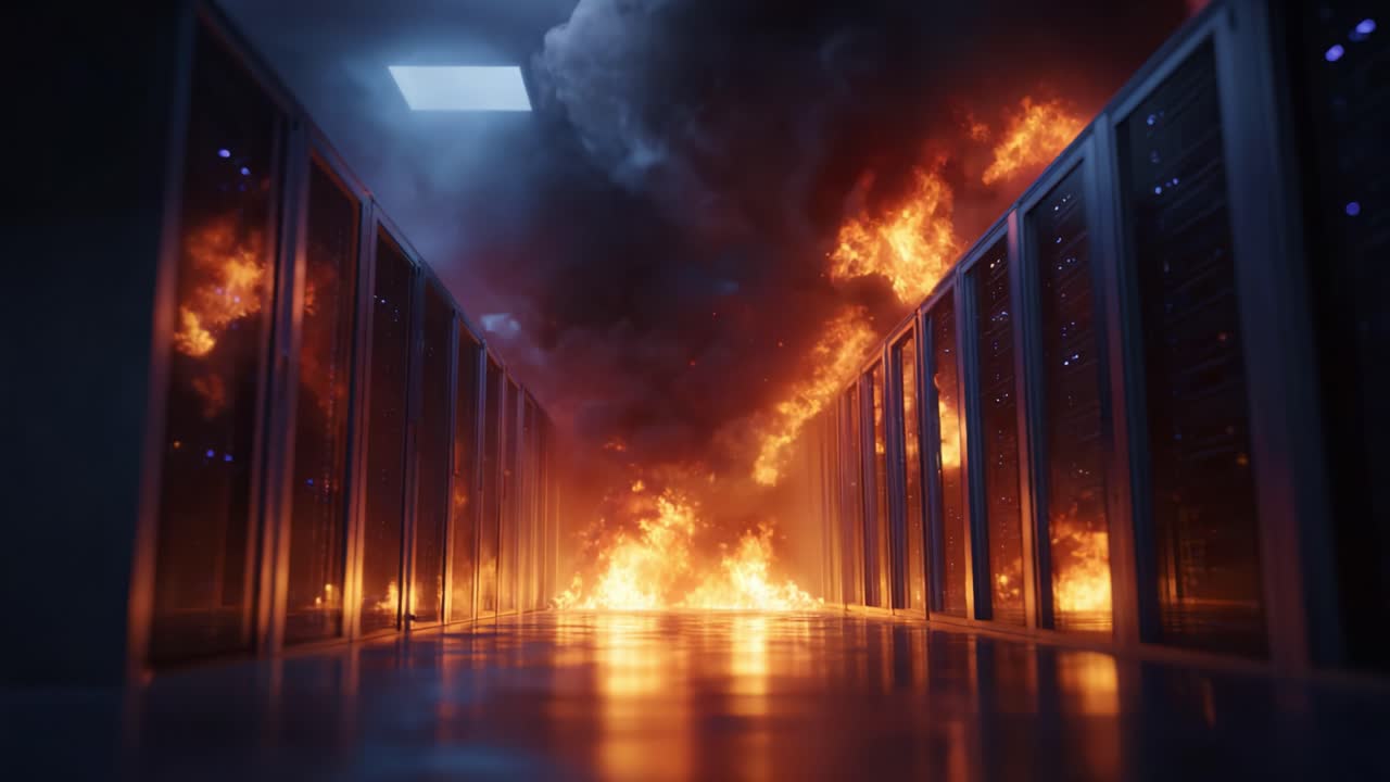 En dramatisk skildring af et datacenter opslugt af flammer, der viser intensiteten og kaosset i en brandkatastrofe i et højteknologisk miljø