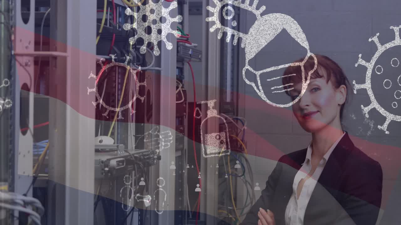 바이러스 세포와 아이콘과 네덜란드의  ⁇ 발의 애니메이션 행복한 백인 여성과 서버