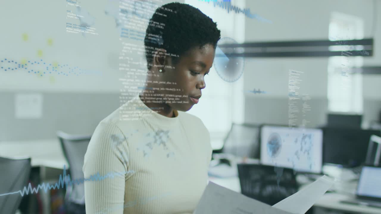 Woman scanning papers in tech office, causing blue data visuals drifting across for analysis