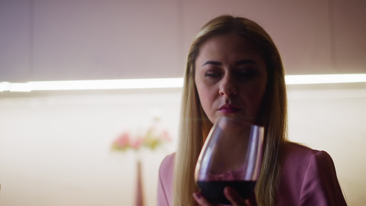 mujer con alcoholismo gira vaso de vino con vino en la cocina