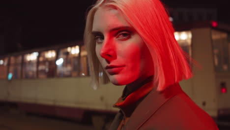 portrait of blonde woman in red light at night