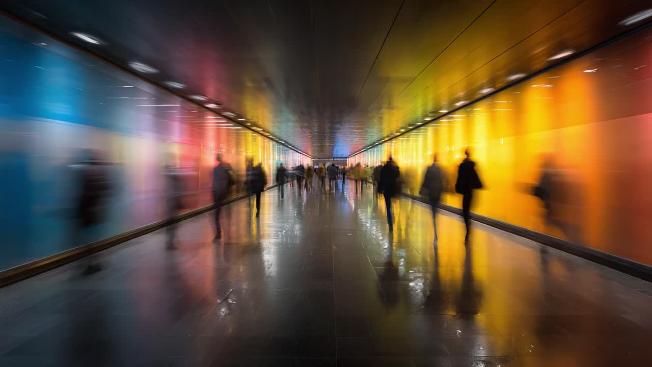 A Dynamic Urban Passageway: People Moving Through a Vibrantly Colored Corridor in a Modern City, Emphasizing Motion and Reflection on the Gleaming Floor