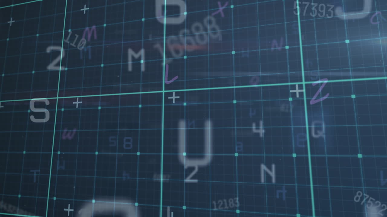 Animation of data processing on blue background with letters