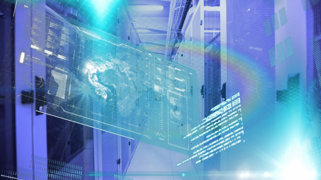 데이터 프로세싱과 빈 컴퓨터 서버  위의 라이트 스을 가진 인터페이스의 애니메이션