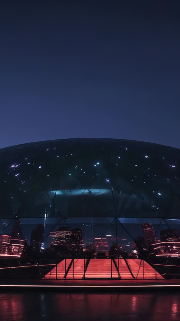 Vertical video: Pulsing dome glowing red on waterfront plaza entrance stairs, drifting star lights