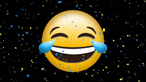 Digital-animation-of-confetti-falling-over-laughing-face-emoji-against-black-background