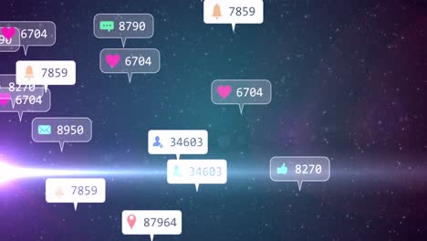 animation of social media icons and numbers on white and grey banners over stars on purple sky