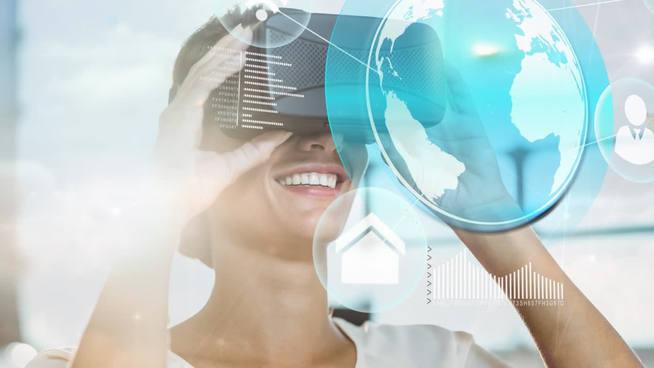mujer sonriente usando auriculares vr con globo digital y gráficos de datos superpuestos