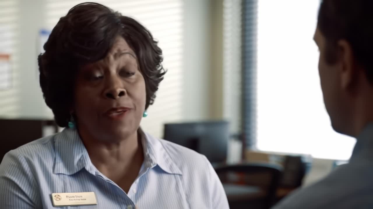 A Focused Conversation: A Woman Engages with a Man in a Professional Setting, Addressing Important Matters with Seriousness and Compassion