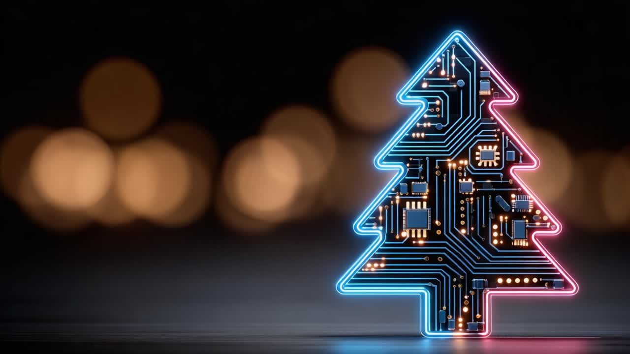 A Futuristic Holiday Celebration: A Circuit Board Christmas Tree Icon Illuminated with Neon Lights, Blending Seasonal Cheer with Modern Technology in a Bokeh Background