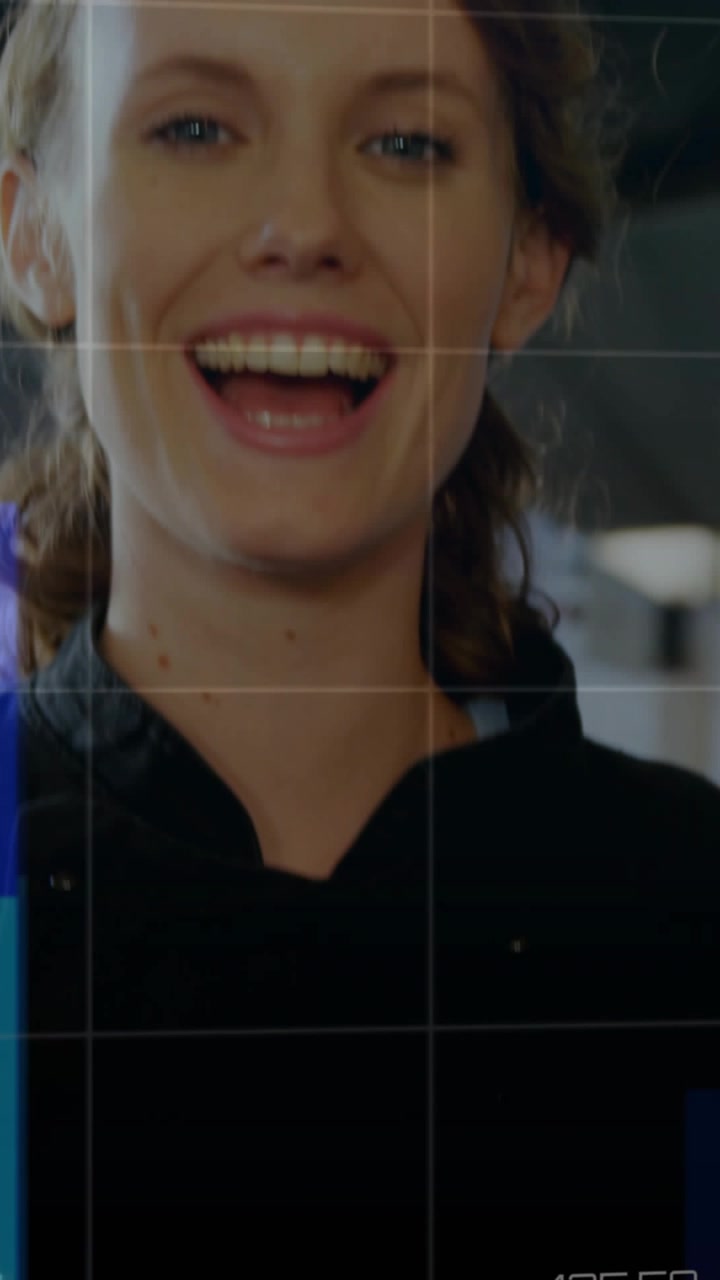 Vertical video: Host smiling, camera revealing face, HUD graphs and bars animating showing business