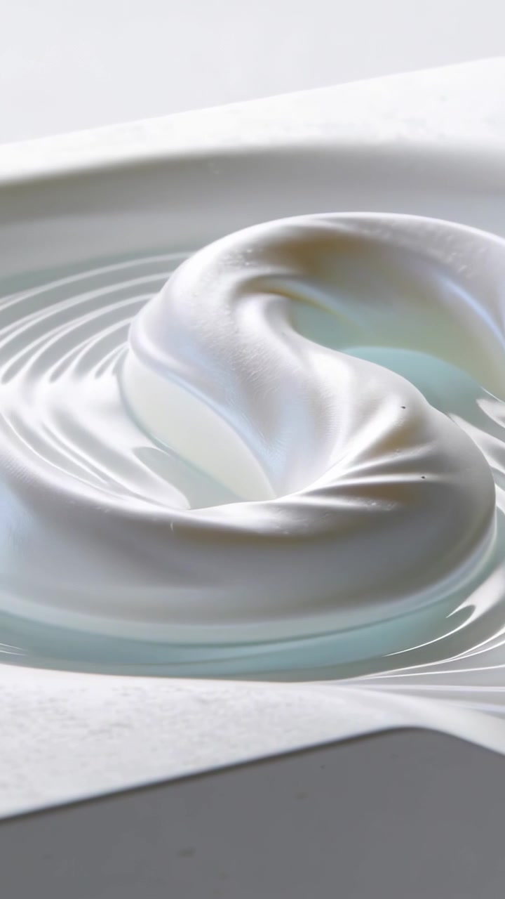 Vertikales Video: Sich wölbendes Blatt kräuselt sich zu einer Spirale, entspannt sich zu Lappen auf einem Studiotablett mit Hellblau.