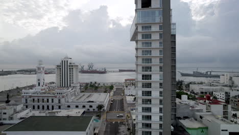 drone shot taking off from the downtown streets of the port of veracruz in mexico