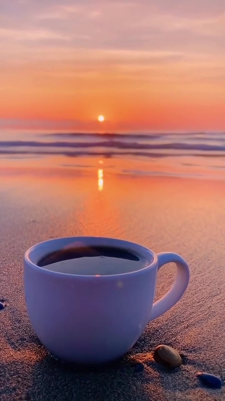 Xícara de Café Branca em Praia de Areia com Pôr do Sol no Oceano