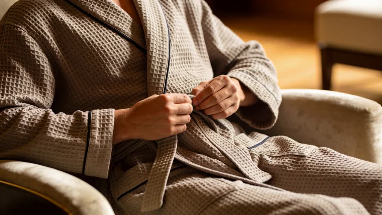 Uomo che si sistema sulla poltrona, infilando e legando la cintura della vestaglia per assicurare un comfort caldo e accogliente.