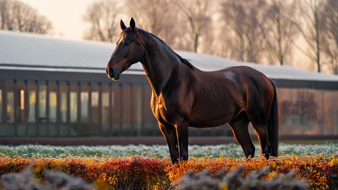 Elegant Brown Horse Standing in Autumn Fields at Sunrise. A majestic brown horse stands gracefully amidst vibrant autumn foliage as the sun rises, creating a picturesque rural landscape.