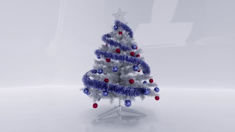 white christmas tree with blue and red balls, ornaments, and a white star, on white glossy background