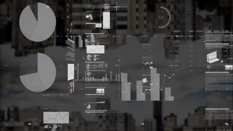 animación del procesamiento de datos y diagramas sobre el paisaje urbano.