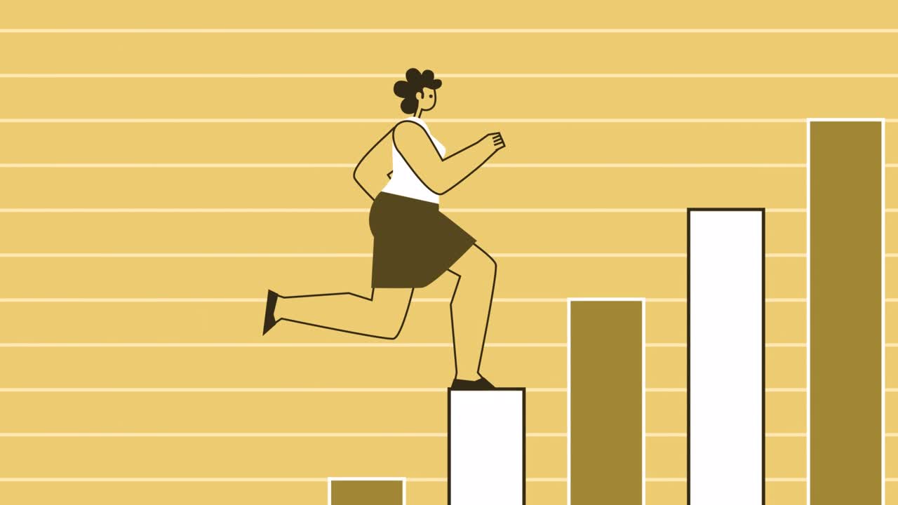 노란색 스타일의 여성 평평한 캐릭터는 비즈니스 그래프에서 계단을 올라갑니다. 알파 채널과 함께 고립된 루프 애니메이션