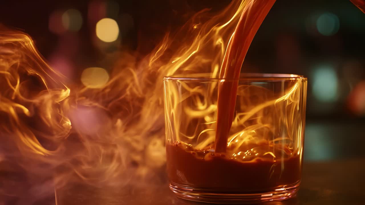 Captivating Pour of Hot Beverage into Glass with Elegant Swirls of Steam and Flames, Creating an Atmosphere of Warmth and Intensity in a Dimly Lit Setting